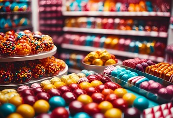 Sticker - AI generated illustration of various candies in a grand candy store with bright colors