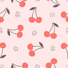 Wall Mural - Seamless cherry pattern. Vector summer background with red berries