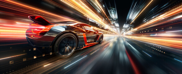 Poster - An orange electric sports car riding on a night street road against the background of the city. Technology concept of fast moving supercar. 3d illustration