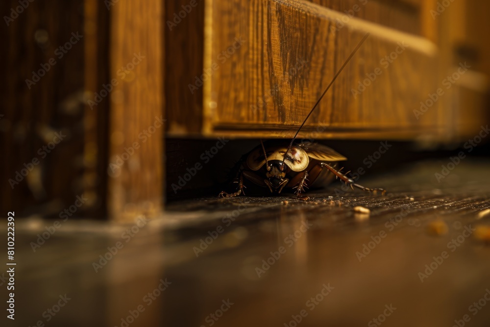 Single cockroach emerges from a hidden spot under kitchen cabinets ...
