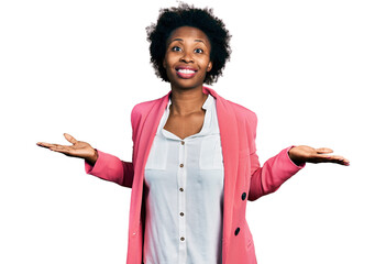 Wall Mural - African american woman with afro hair wearing business jacket clueless and confused expression with arms and hands raised. doubt concept.