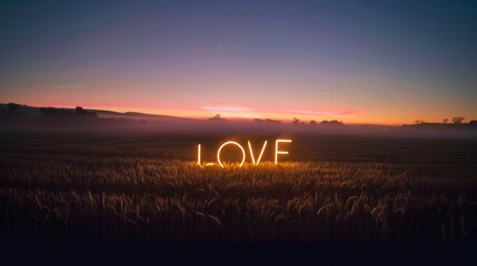 Wall Mural - Neon Text Art In Dreamy Landscapes. Illustration of love neon sign in a wheat field at sunset.