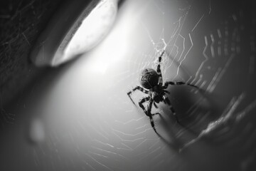 Fototapete - Eerie spider silhouette perched on its intricate web, with a blurred background in monochrome hues