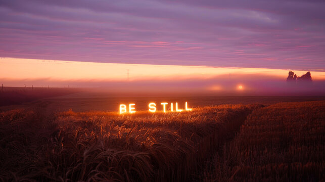 Neon Text Art In Dreamy Landscapes. Sunset over a wheat field in the countryside with the words be still.