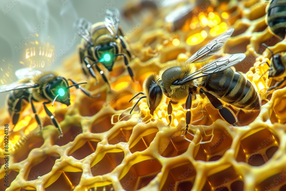 Glowing futuristic cyber bees gathering data on a stylized digital ...