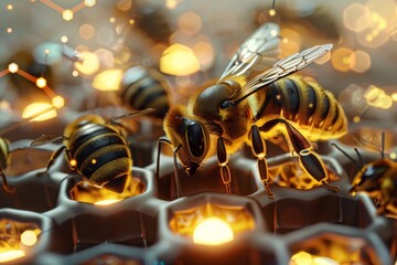 Poster - Detailed macro view of a honeybee working on a hive with soft focus background and glowing honeycomb cells