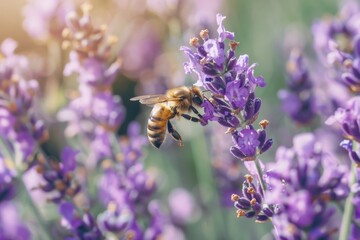 Poster - Close-up shot capturing a honeybee on lavender blooms with detailed wings and soft, sunlit garden background in springtime