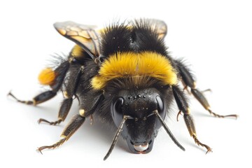 Poster - Close-up macro photograph of a bumblebee with intricate wing structure and vibrant colors, isolated on a white background