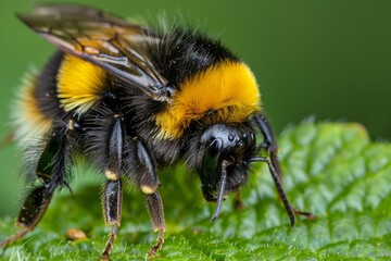 Poster - Macro photo of a colorful bumblebee with intricate wings perched on the intricate surface of a lush green leaf