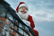 Santa Claus stuck halfway in the entrance of a chimney atop a house, his cheerful expression contrasting with his predicament