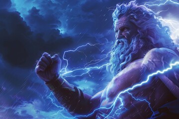 Zeus, the king of gods, casting a thunderous lightning bolt from the celestial realm, lighting up the night sky with its brilliant flash, his imposing presence towering over the landscape.