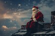 Santa Claus is stranded at the mouth of a chimney on the rooftop of a house, his iconic red attire standing out against the night sky