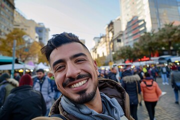 A smiling man taking a colorful selfie in a crowded city square, with the urban skyline softly blurred