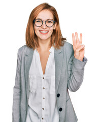 Canvas Print - Young caucasian woman wearing business style and glasses showing and pointing up with fingers number three while smiling confident and happy.