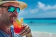 A contented man sipping a colorful cocktail on a tropical beach, the beach scene softly blurred