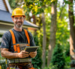 © Mattie - portrait of a smiling worker. Professional landscape arborist technician using a tablet on the outdoor job site, green service industry worker integrating with technology