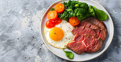 Wall Mural - A plate of food with a piece of meat, an egg, and vegetables