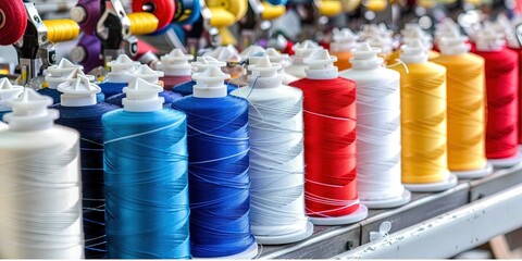 Wall Mural - closeup photo of colorful threads in a modern industrial sewlng machine, 