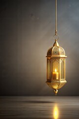 Wall Mural - Elegant golden lantern with a lit candle inside, illuminating a warm light, symbolizes the holy months of ramadan and eid al adha against a subtle, islamic pattern background