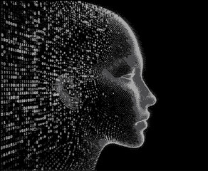 Poster - Silhouette of a human head made of binary code. Conceptual image of Artificial Intelligence, Virtual Reality, Deep Learning and Face recognition systems. Cyberpunk style vector illustration.