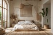 Scandinavian Bedroom: Light wood flooring, cozy textiles, platform bed with upholstered headboard, pendant lighting, potted plants