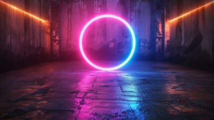 Wall Mural - Dynamic neon curved lines create a round frame that is perfect for showcasing technology concepts, user interfaces, and web designs. The background is transparent.