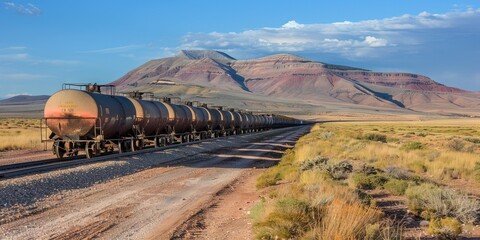 Wall Mural - photo of freight train on the railroad tracks in the desert - mountain background in the afternoon with blue skies