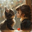 Wonderful touching tender illustration of a girl and a fluffy kitten
