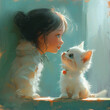 Wonderful touching tender illustration of a girl and a white fluffy kitten in the morning soft light