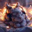 Cute adorable beautiful fluffy rabbit sleeps and listens to music on headphones at night with garland lights in a soft light