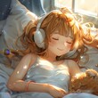 Cute young child happy girl with blond red hair lies in bed, listens to music and smiles