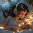 Cute young child happy girl with dark hair lies in bed, listens to music and smiles in the dark under the light of a garland