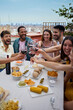 © CarlosBarquero - Vertical. Gathering cheerful young multiracial friends toasting red wine celebrating rooftop party. People together drinking alcoholic beverages at snack outdoor. Millennial enjoying lunch on weekend