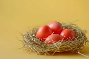  Easter eggs in a nest of straw. against a solid Ligh. Generative AI