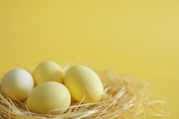  Easter eggs in a nest of straw. against a solid Ligh. Generative AI