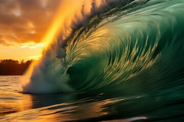 Wall Mural - Powerful ocean wave crashing at sunset