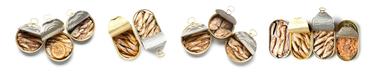 Wall Mural - Set of delicious canned fish on white background, top view