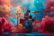 Colorful Explosions: Drummer Playing Drums Amidst Burst of Vibrant Paints. Generative AI