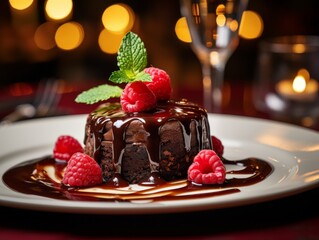 Wall Mural - Delicious chocolate cake with fresh raspberries and mint