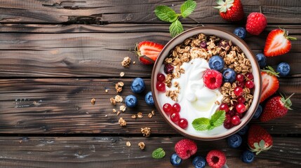 Wall Mural - Bowl of homemade granola with yogurt and fresh berries on wooden background from top view