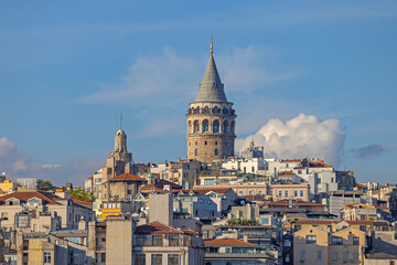 Galata Tower at Top of Beyoglu Hill Istanbul Turkey Sunny Autumn Day