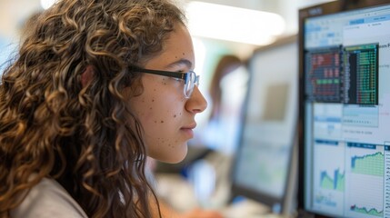 Poster - Close-up of a student analyzing data on a computer screen during a computer science class