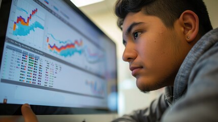 Poster - Close-up of a student analyzing data on a computer screen during a computer science class