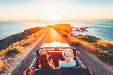 A happy couple enjoying a scenic drive along a coastal road at sunrise.