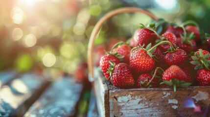 Wall Mural - Juicy ripe strawberries nestled in a rustic basket on a sunlit farm stand