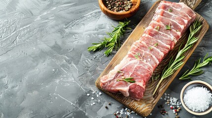 Sticker - Raw pork meat on wooden board on grey background with rosemary, salt and pepper. Pork loin. Copy space. Top view.