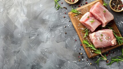 Poster - Raw pork meat on wooden board on grey background with rosemary, salt and pepper. Pork loin. Copy space. Top view.