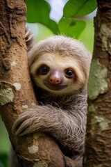 Canvas Print - Cute sloth peeking out from tree trunk