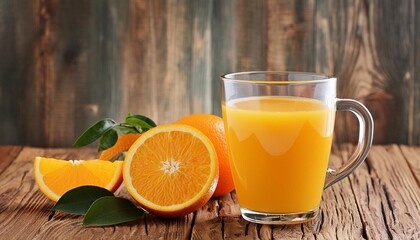 Wall Mural - glass of orange juice on wooden table