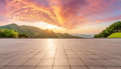 Wall Mural - empty square floor and green mountain with beautiful sky clouds nature landscape at sunrise panoramic view